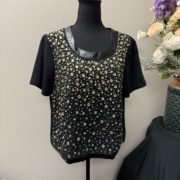 Doncaster Tops - Doncaster Black Embellished Crystal Beaded Top Medium | Holiday Party Blouse